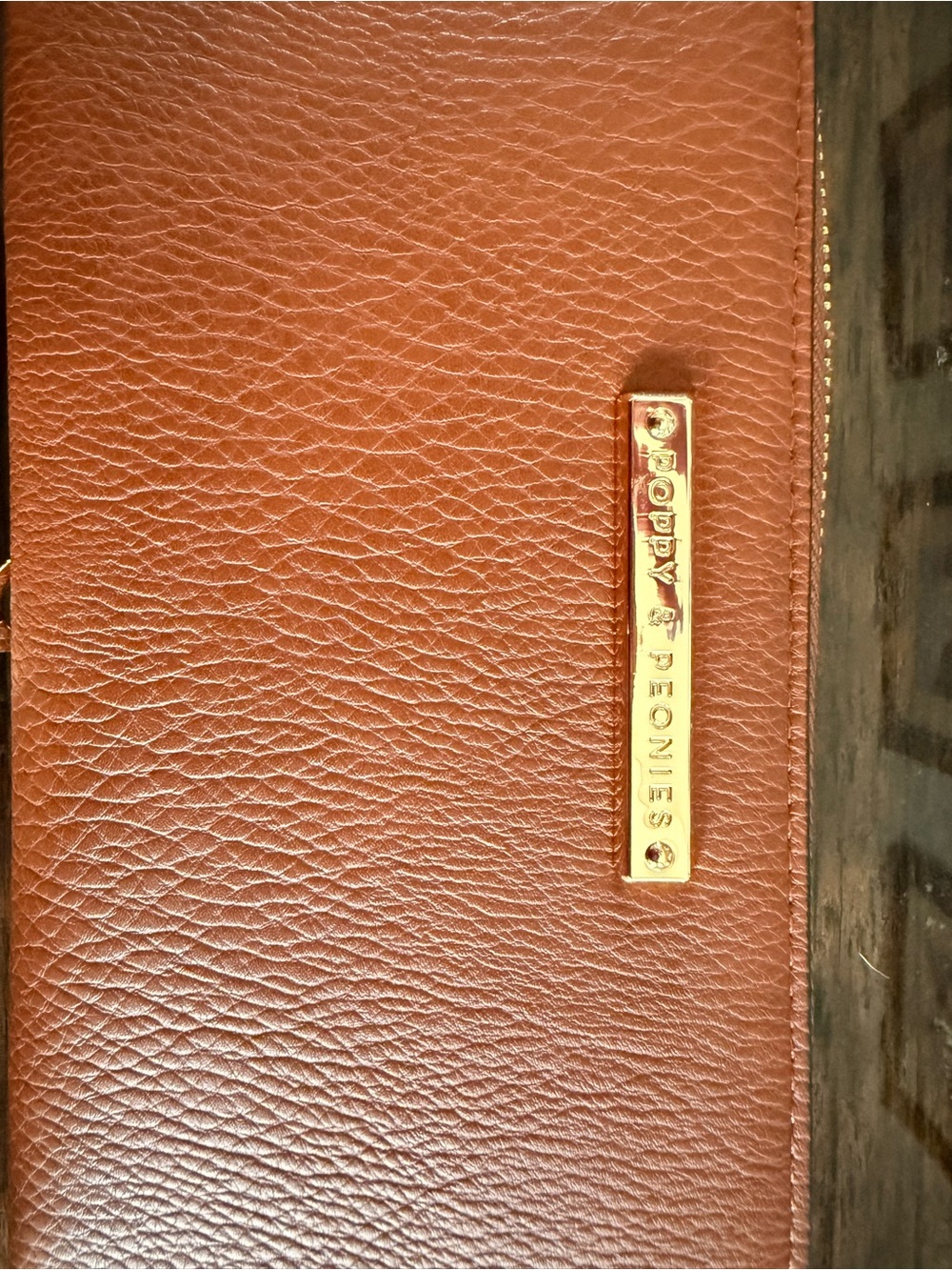 Poppy & Peonies Pebbled Leather Wristlet - Cognac Brown with Gold Hardware
